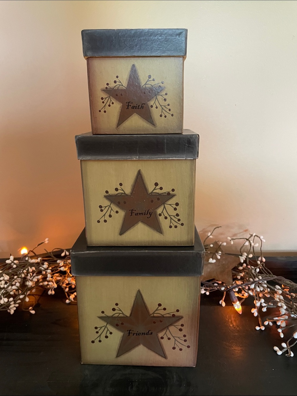 Barbara Lloyd Primitive Rustic Star Stackable Box Set of 3 - Large box is 6”x6”